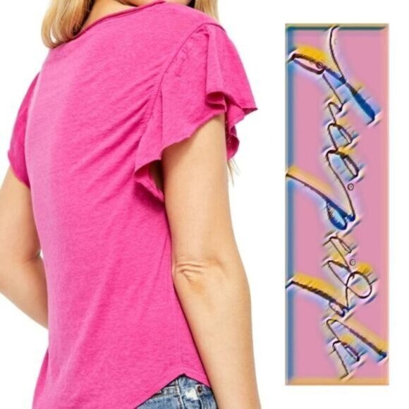 Free People ✦ Bright Pink Button-Down Top ✦ Flutter Sleeves V-Neck Sheer Stripe - Picture 5 of 10